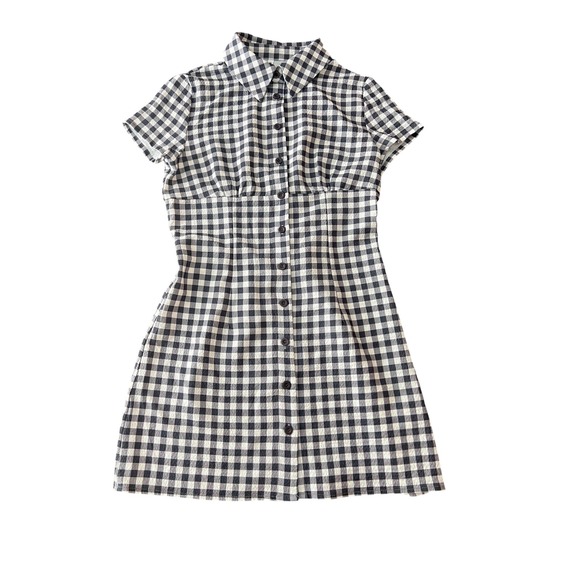 Dresses & Skirts - Sold*Black White Gingham Button Front Mini Dress Short Sleeve Smocked Med 1009
